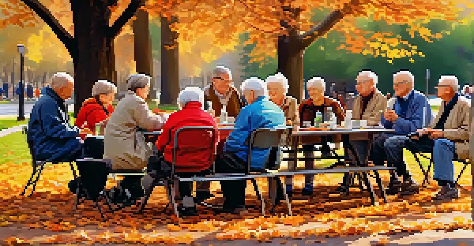 A group of seniors in a park, discussing photography while showcasing their cameras, surrounded by colorful autumn leaves.