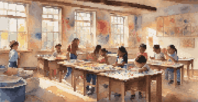 A vibrant classroom filled with children creating art with paints and clay, surrounded by their colorful artwork and bright sunlight.