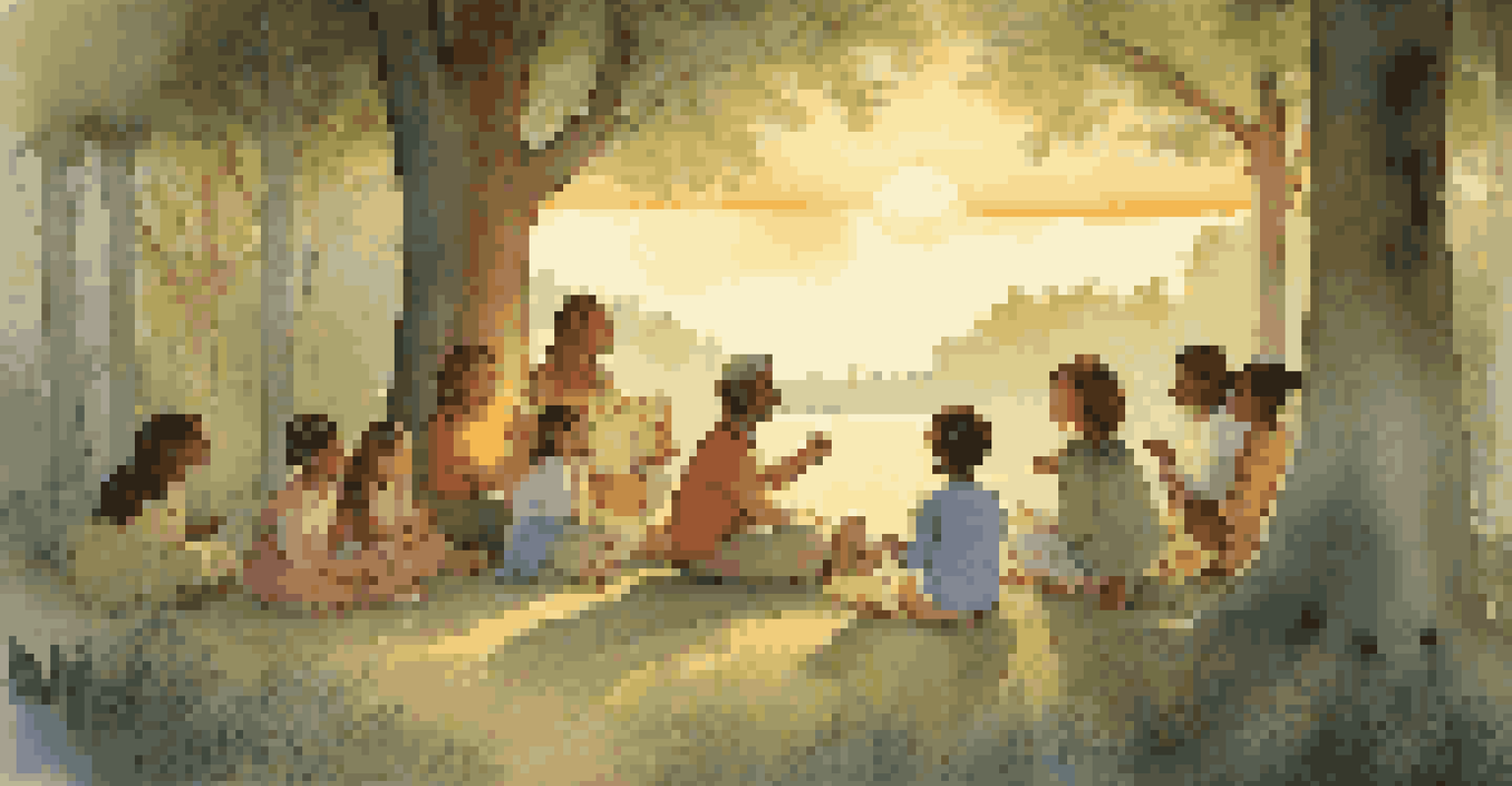 A storyteller sharing a folktale with children in a forest at sunset, creating a magical atmosphere filled with curiosity.