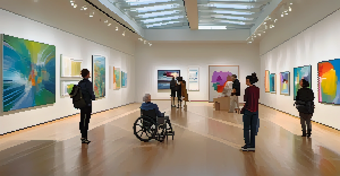 A modern art gallery with accessible pathways, featuring colorful abstract paintings and visitors of diverse abilities engaging with the art.