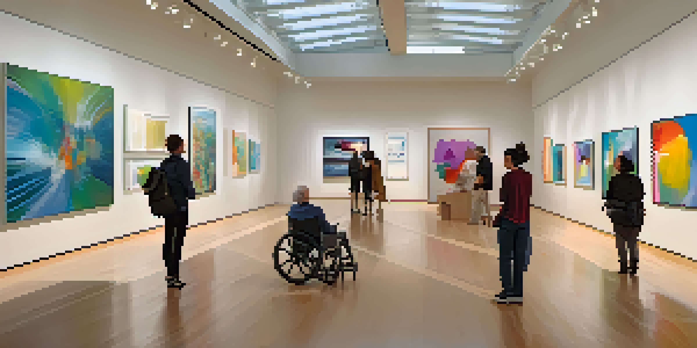 A modern art gallery with accessible pathways, featuring colorful abstract paintings and visitors of diverse abilities engaging with the art.