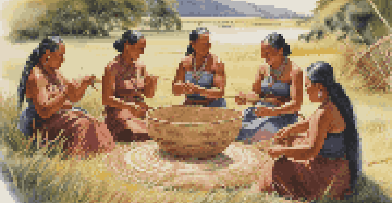 A group of Maori women weaving flax, surrounded by colorful woven baskets and cloaks, in a sunny outdoor setting filled with warmth and community spirit.