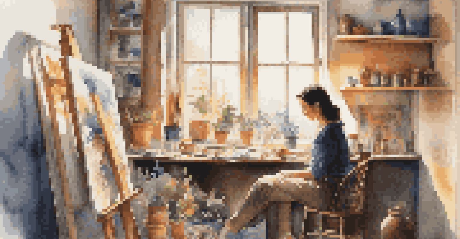 An artist painting in a sunlit studio, with colorful artworks and art supplies around, capturing a moment of creative expression.