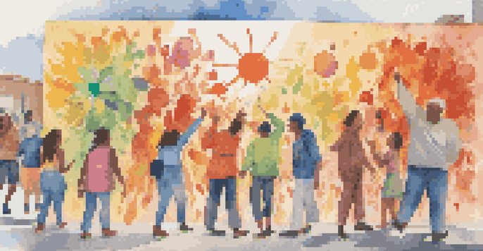 A colorful mural showcasing people engaging with mental health themes through art, with bright colors and abstract designs.