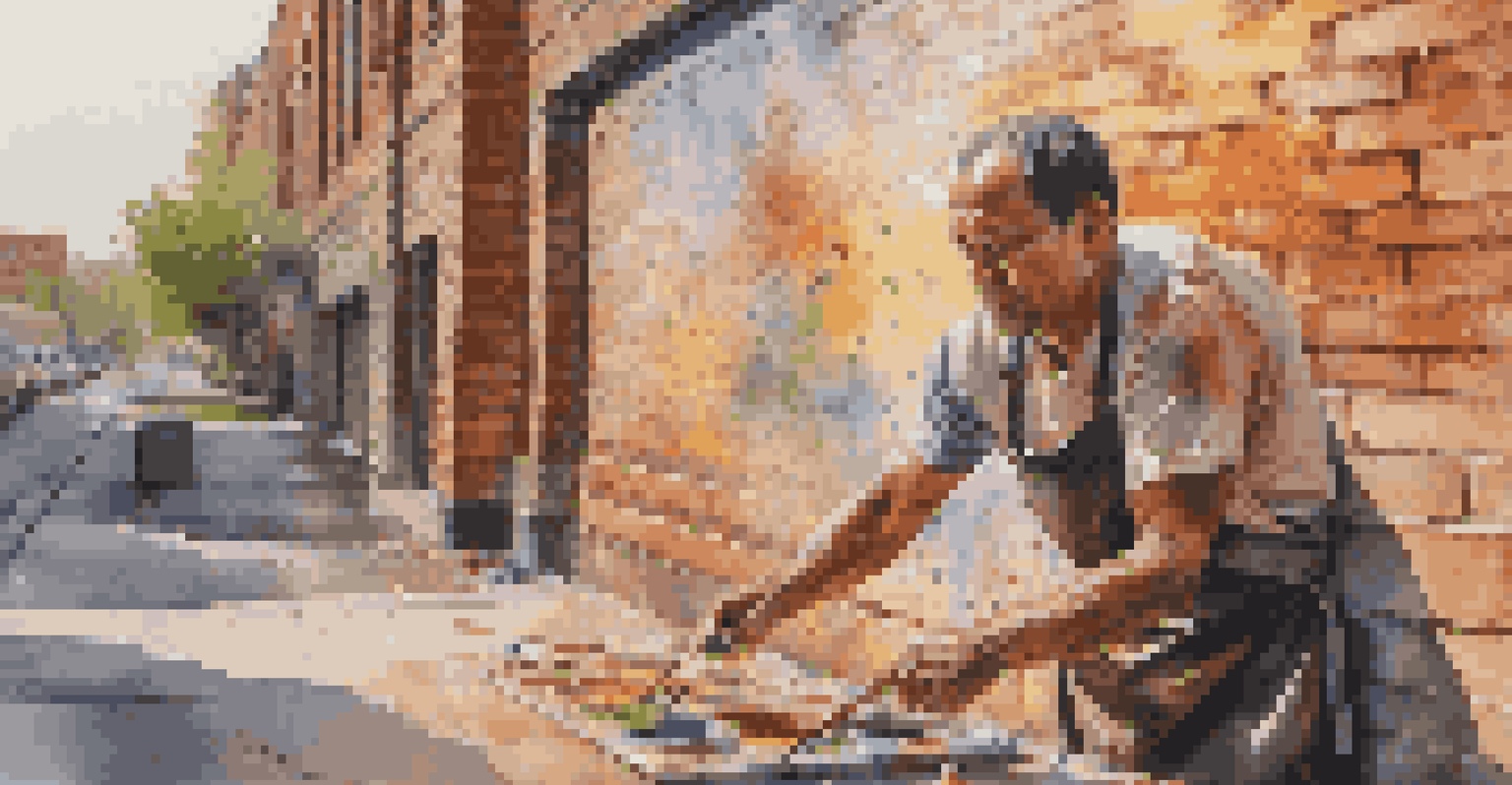 A street artist painting a large mural on a brick wall, surrounded by colorful paint splashes and warm afternoon light.