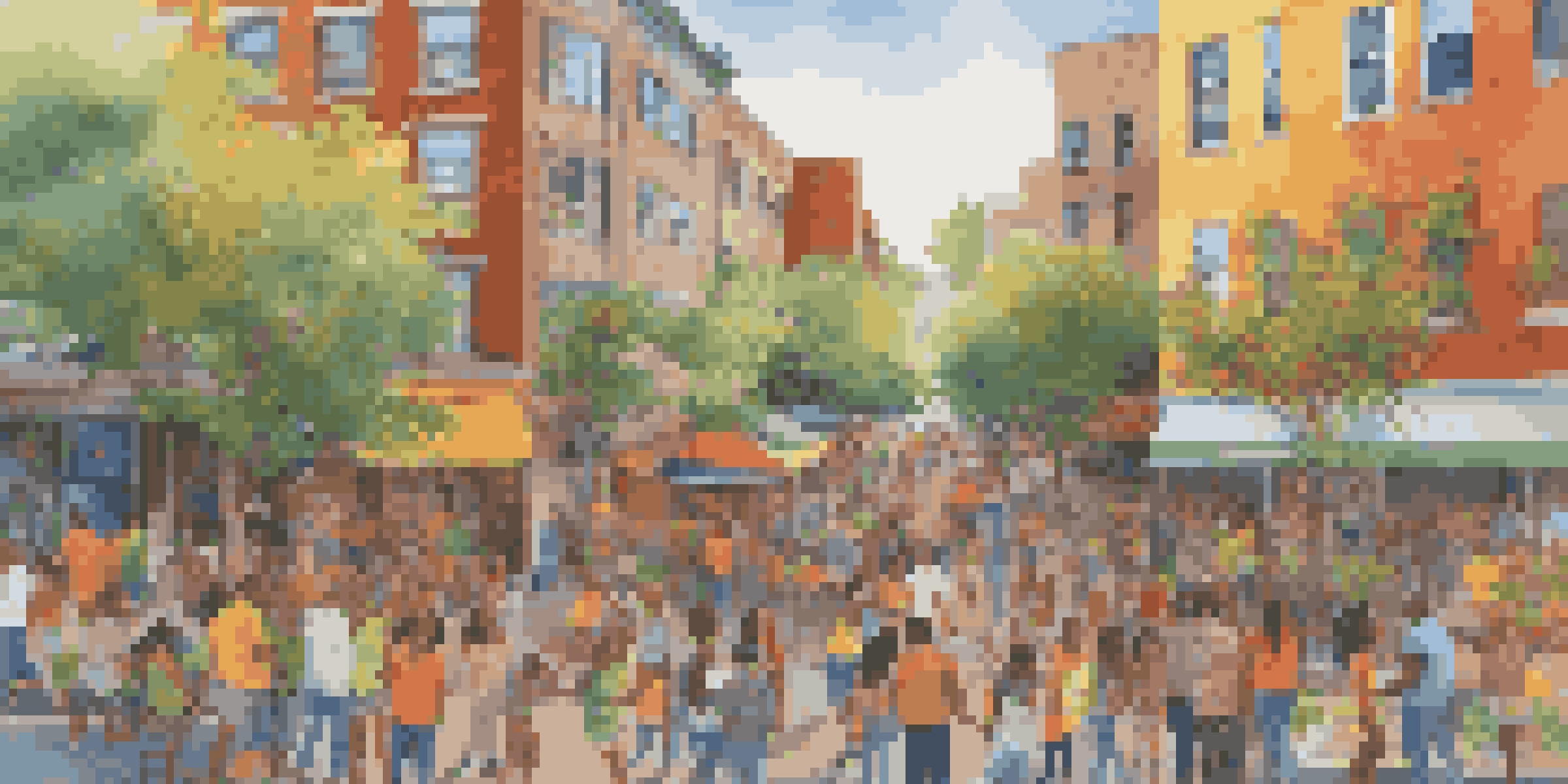 A vibrant community mural showing diverse people painting together in a sunny urban area, surrounded by greenery and colorful flowers.