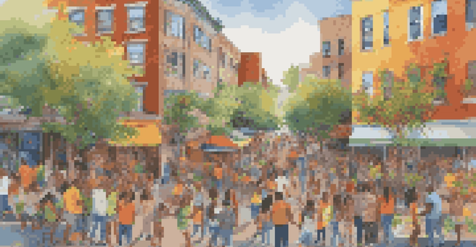 A vibrant community mural showing diverse people painting together in a sunny urban area, surrounded by greenery and colorful flowers.