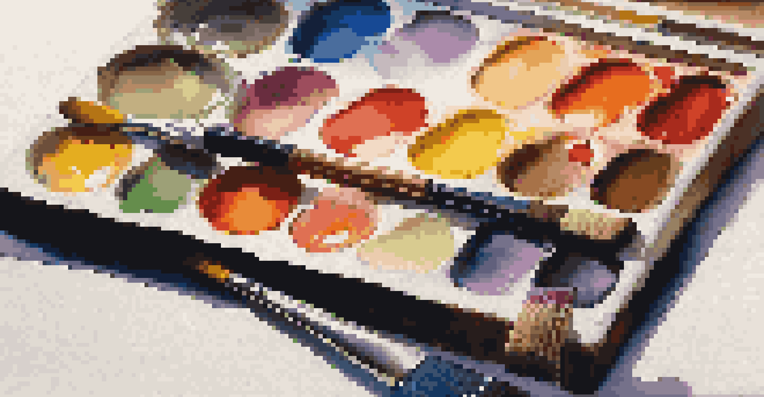 A close-up of a painter's palette with bright colors and a paintbrush, showing the texture of the paint and a blurred canvas in the background.