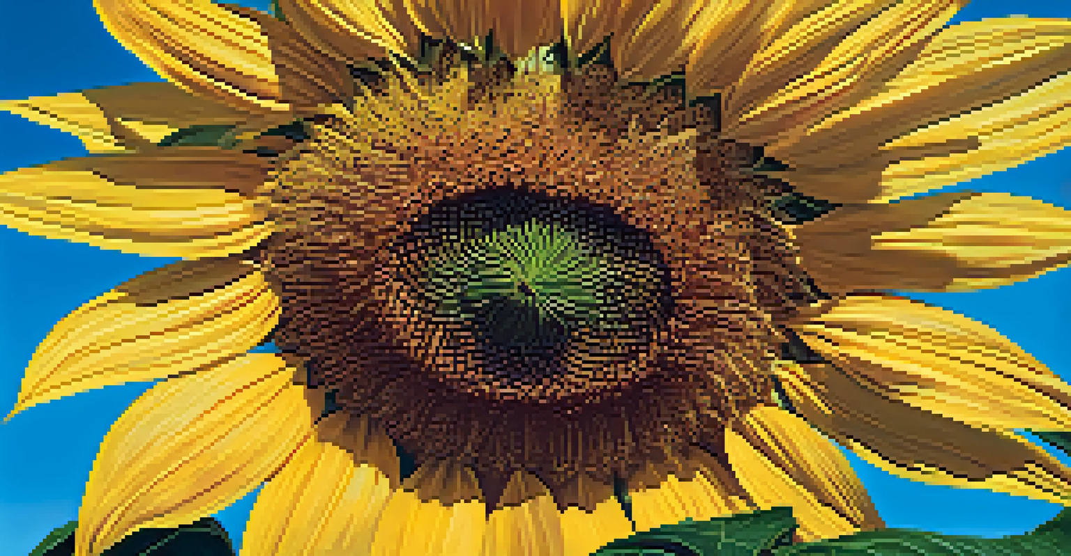 A close-up of a bright sunflower surrounded by other sunflowers against a blue sky.