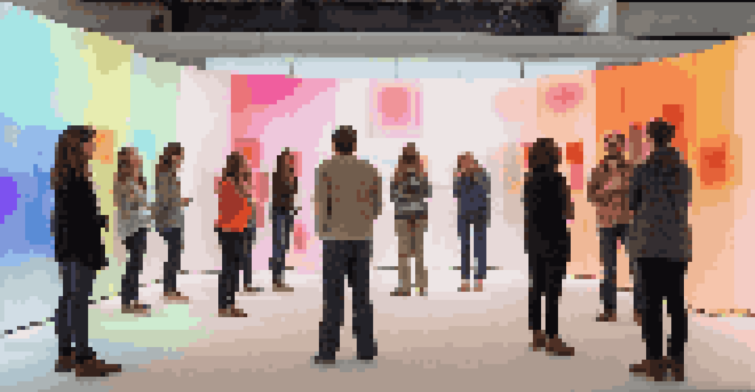 An interactive sound installation with colorful panels and visitors creating sounds by touch.