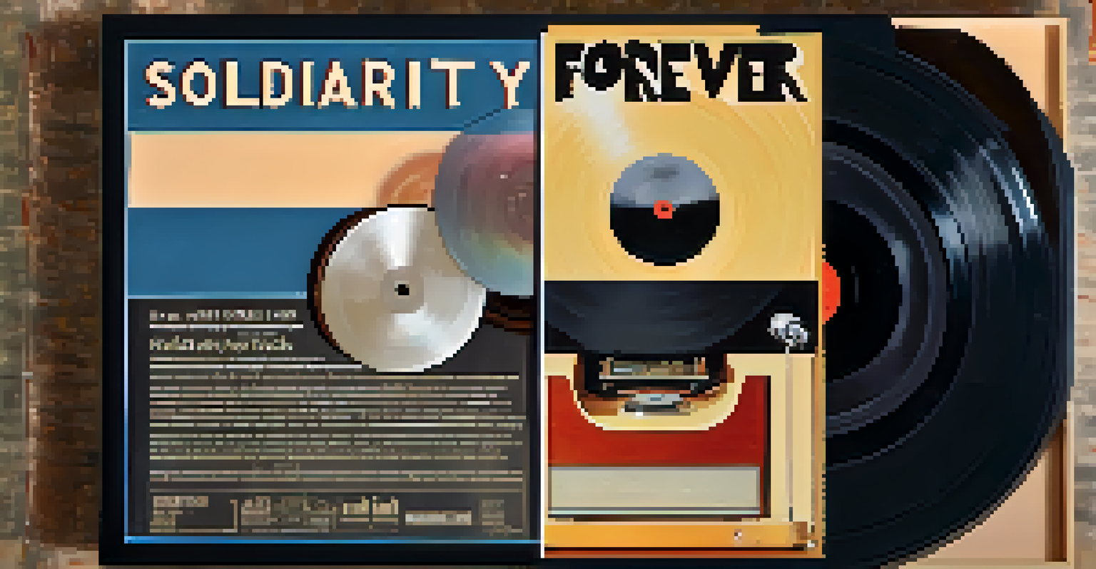 A close-up of a vintage vinyl record titled 'Solidarity Forever' on a turntable, with blurred protest images in the background.