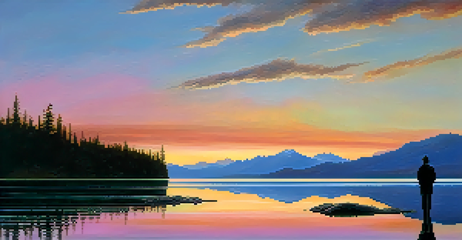 A solitary figure by a tranquil lake at sunset, reflecting the colorful sky and distant mountains.