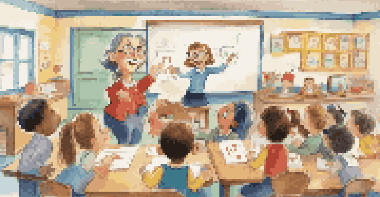 A cartoon teacher using humorous props to teach letters in a colorful classroom filled with laughing children.