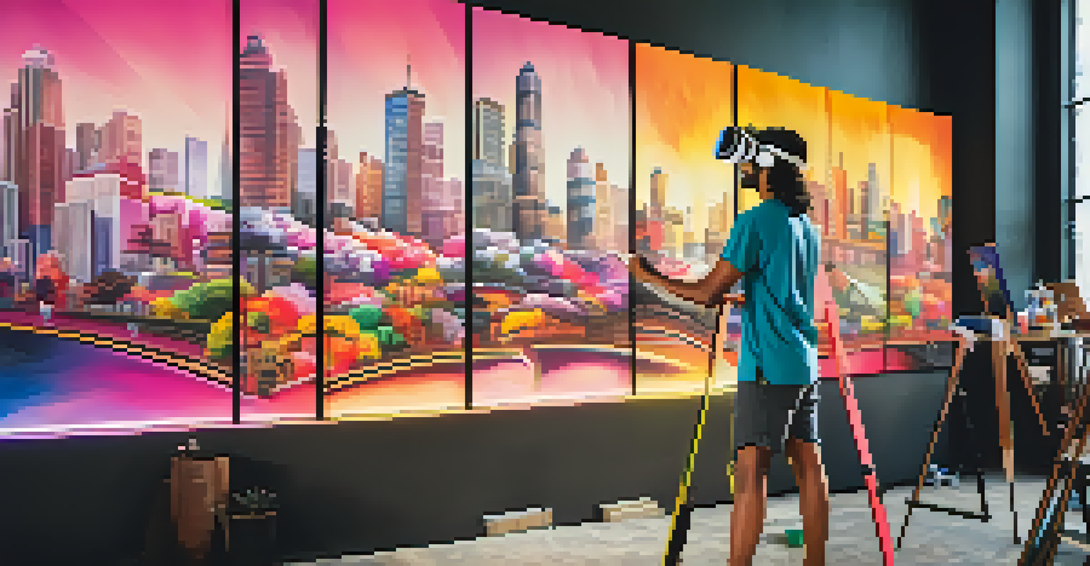 A participant in a virtual reality session painting a mural on a city wall amidst a vibrant cityscape.