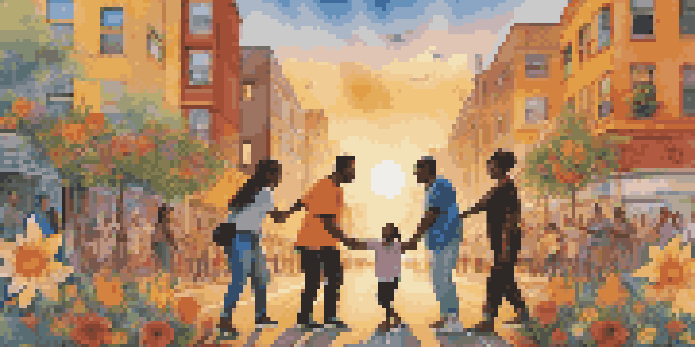 A colorful street mural showing diverse activists holding hands against an urban backdrop, symbolizing unity and hope.