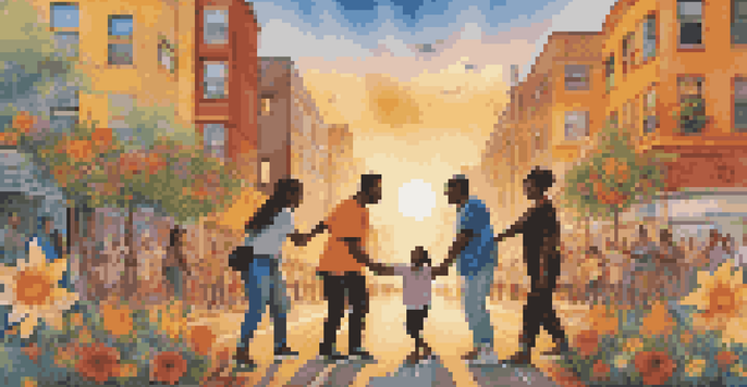 A colorful street mural showing diverse activists holding hands against an urban backdrop, symbolizing unity and hope.
