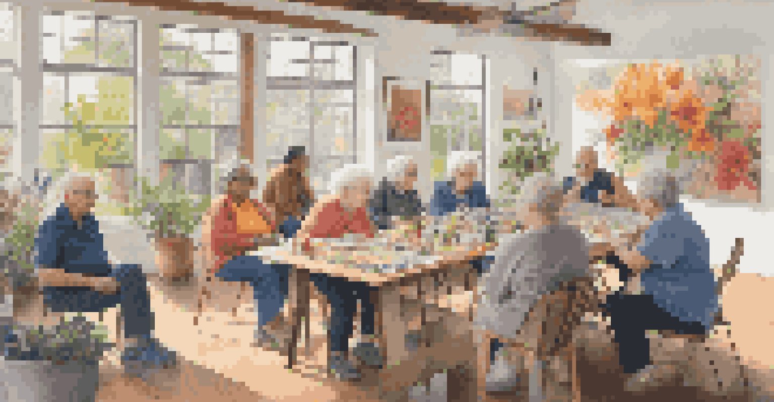 A diverse group of older artists collaborating on a mural in a bright community art space.