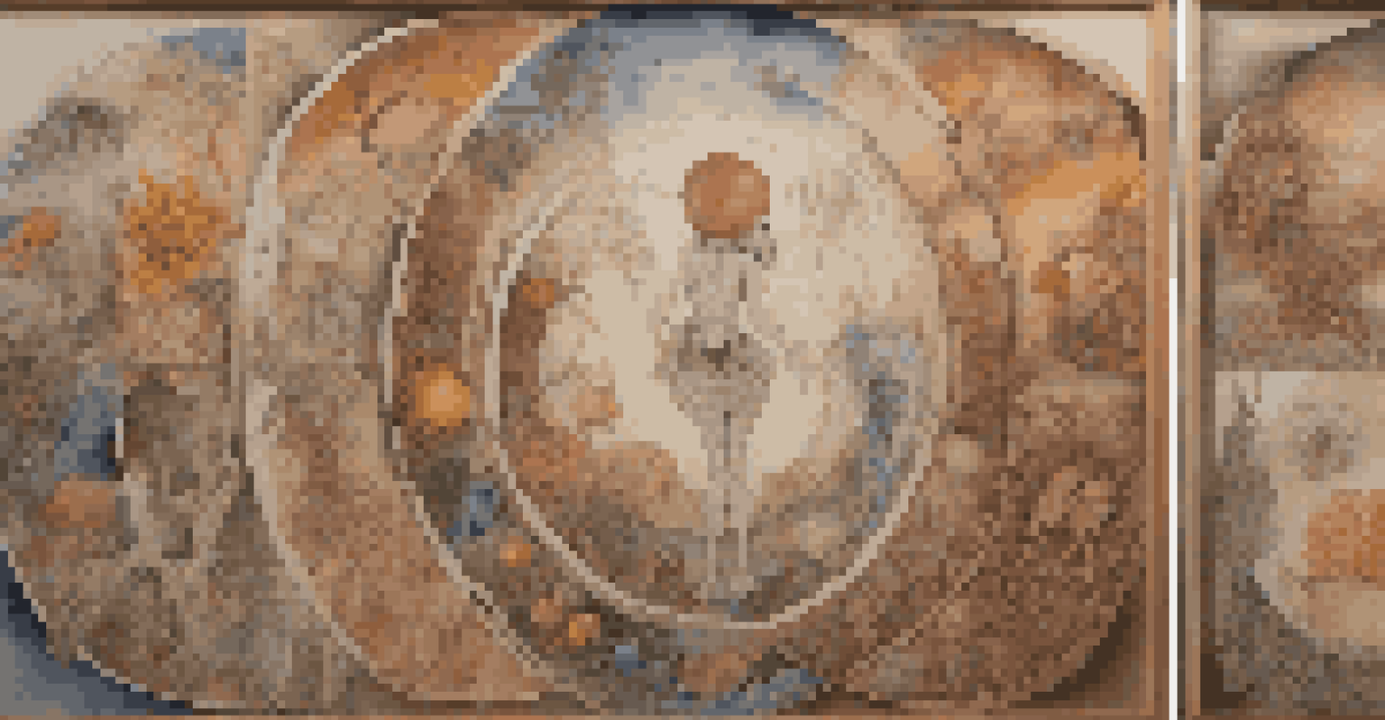 Panels depicting the cycle of life with a human figure in various states, surrounded by symbolic elements.
