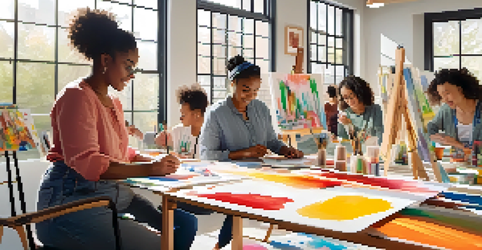 A group of individuals participating in an art therapy session, surrounded by colorful artwork and natural light streaming through windows.