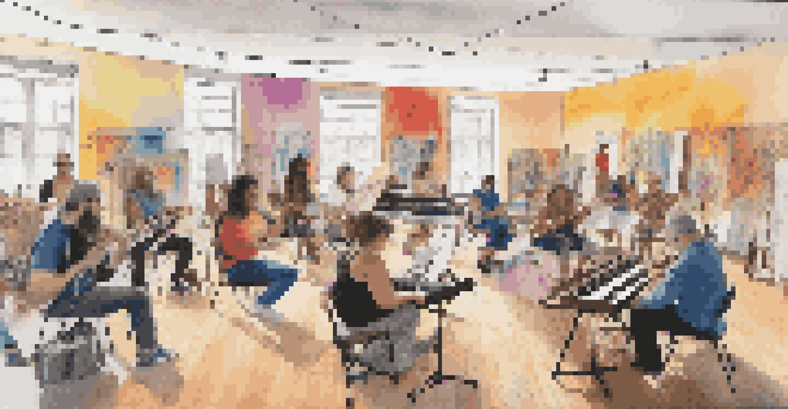 A lively community workshop where people are creating sound art together with instruments and colorful displays.