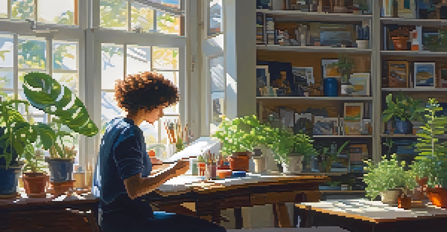 An artist painting in a sunlit room filled with plants and art supplies, focusing on a vibrant landscape.