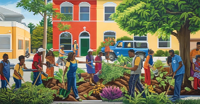 A colorful mural showing diverse people planting a tree together, symbolizing unity and environmental activism.