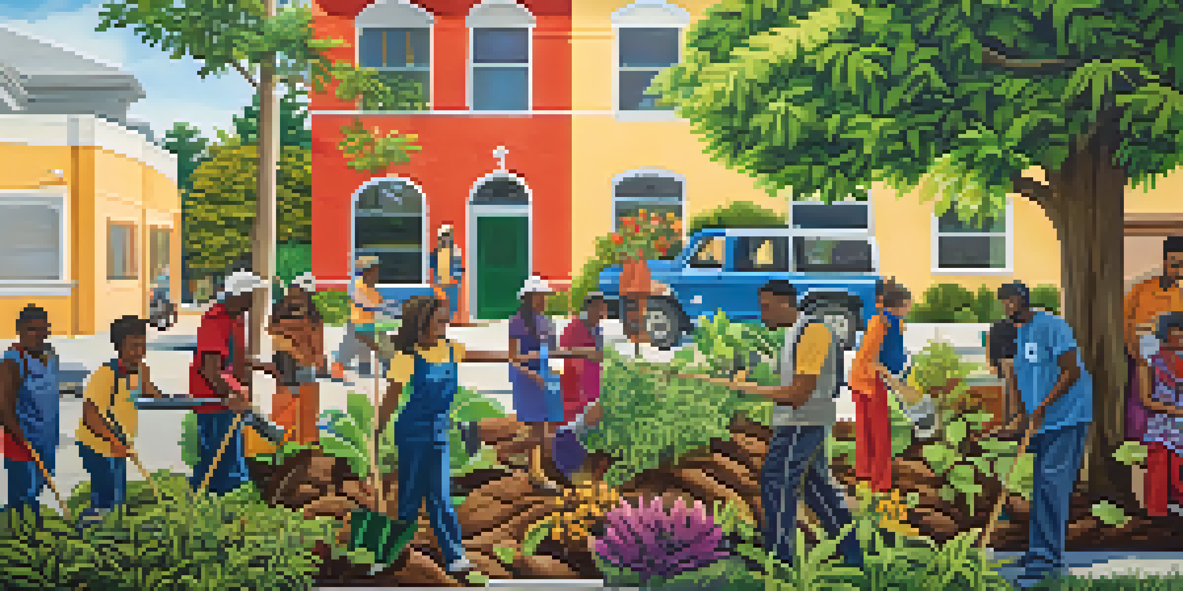 A colorful mural showing diverse people planting a tree together, symbolizing unity and environmental activism.