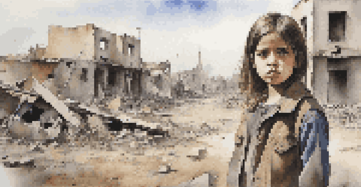 A young girl in bright clothes stands in a war-torn area, looking at the camera with a resilient expression amidst ruins.