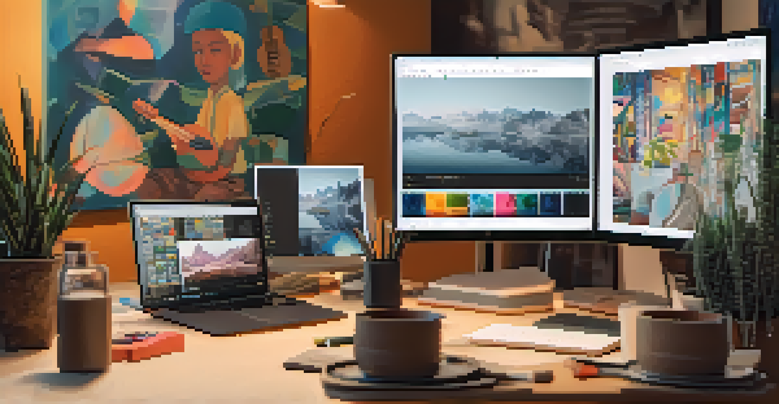 Artists collaborating online in a modern digital workspace, showcasing a painter and a musician from different cultures working together.