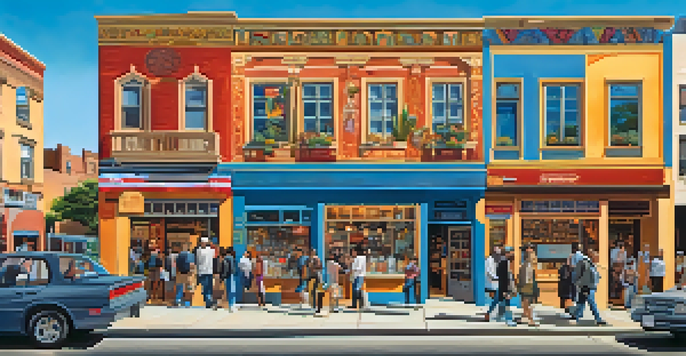 A colorful mural on a city street depicting local history and culture, with diverse people interacting around it.