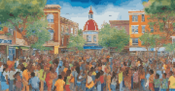 A diverse group of people working together on a colorful community mural that symbolizes unity and social justice.