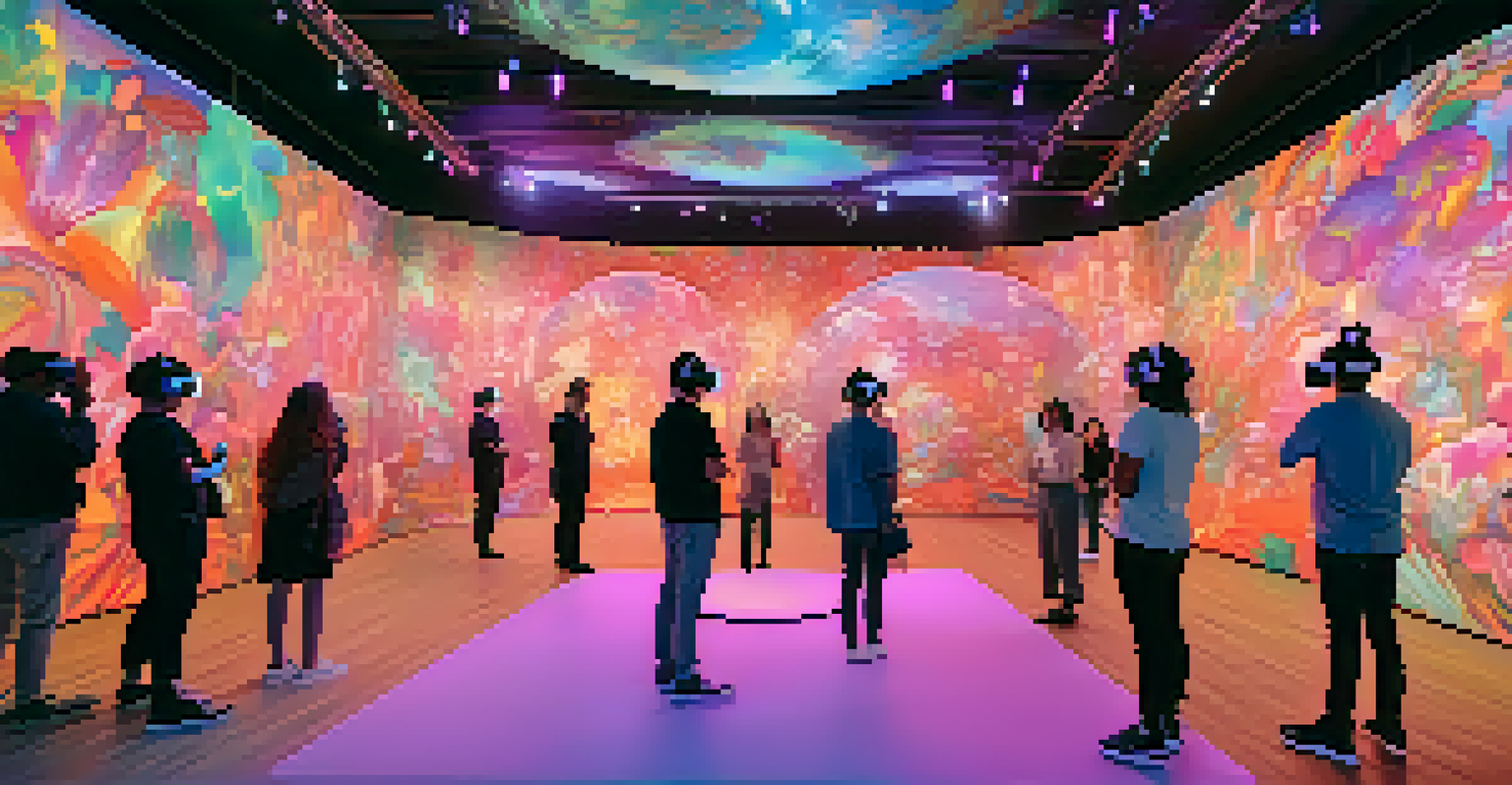 People wearing VR headsets interact with colorful digital sculptures in an immersive art installation, surrounded by a dreamlike environment.