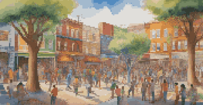 A colorful mural being painted by a diverse group of individuals, symbolizing community, creativity, and cultural heritage under soft sunlight.