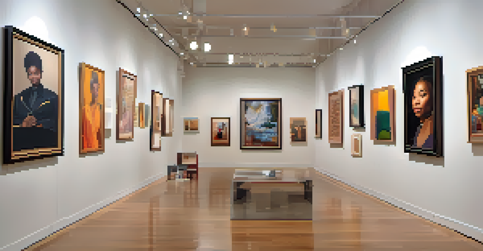 An art gallery displaying diverse portraits celebrating intersectionality, illuminated by warm lighting.