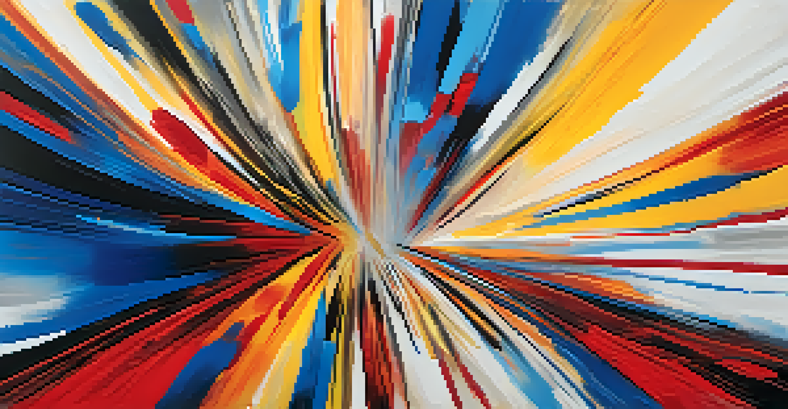 An energetic abstract painting with swirling patterns in vibrant colors, showcasing bold brush strokes and textures.