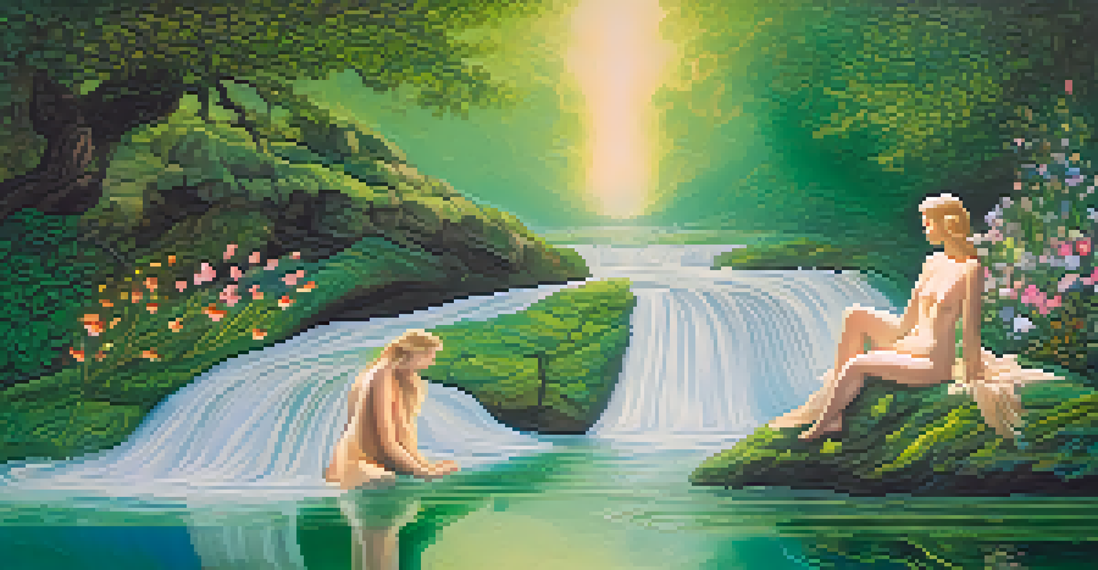Mythological figures surrounded by nature, representing themes of rebirth and divine love.