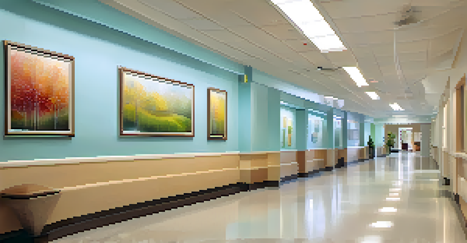 A peaceful hospital corridor filled with soothing artworks and natural light, featuring comfortable seating areas for patients and families.