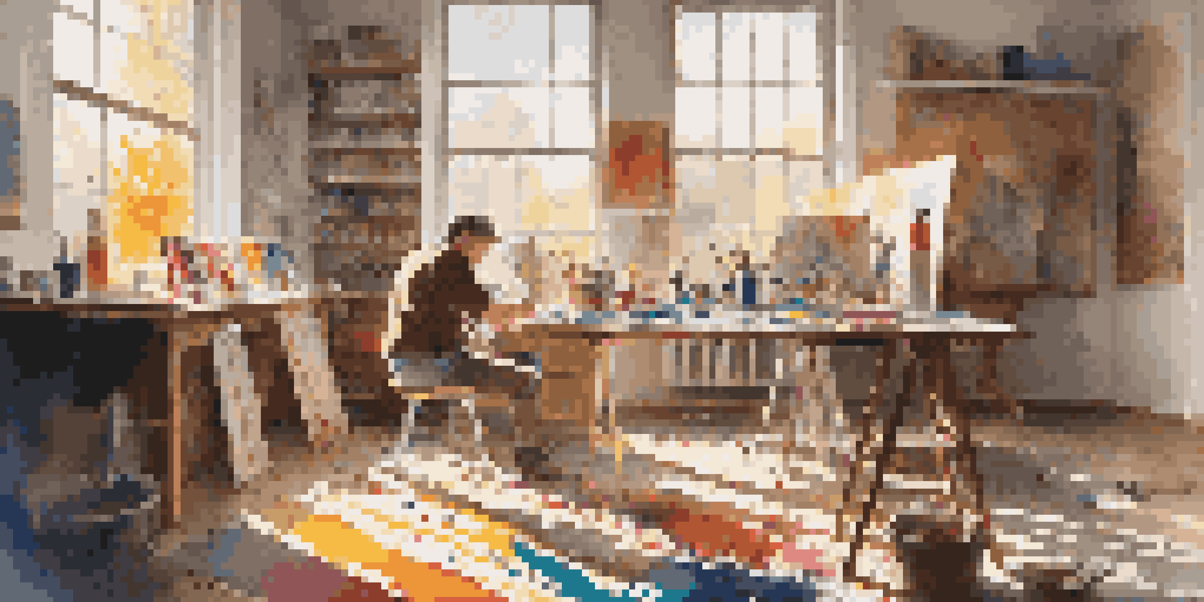 An artist working in a colorful studio filled with canvases and art supplies, illuminated by warm sunlight from a large window.
