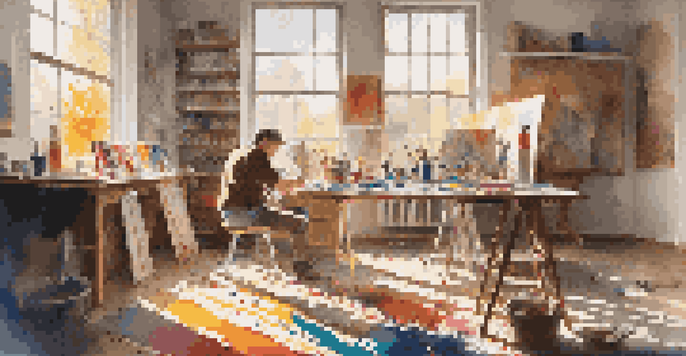 An artist working in a colorful studio filled with canvases and art supplies, illuminated by warm sunlight from a large window.