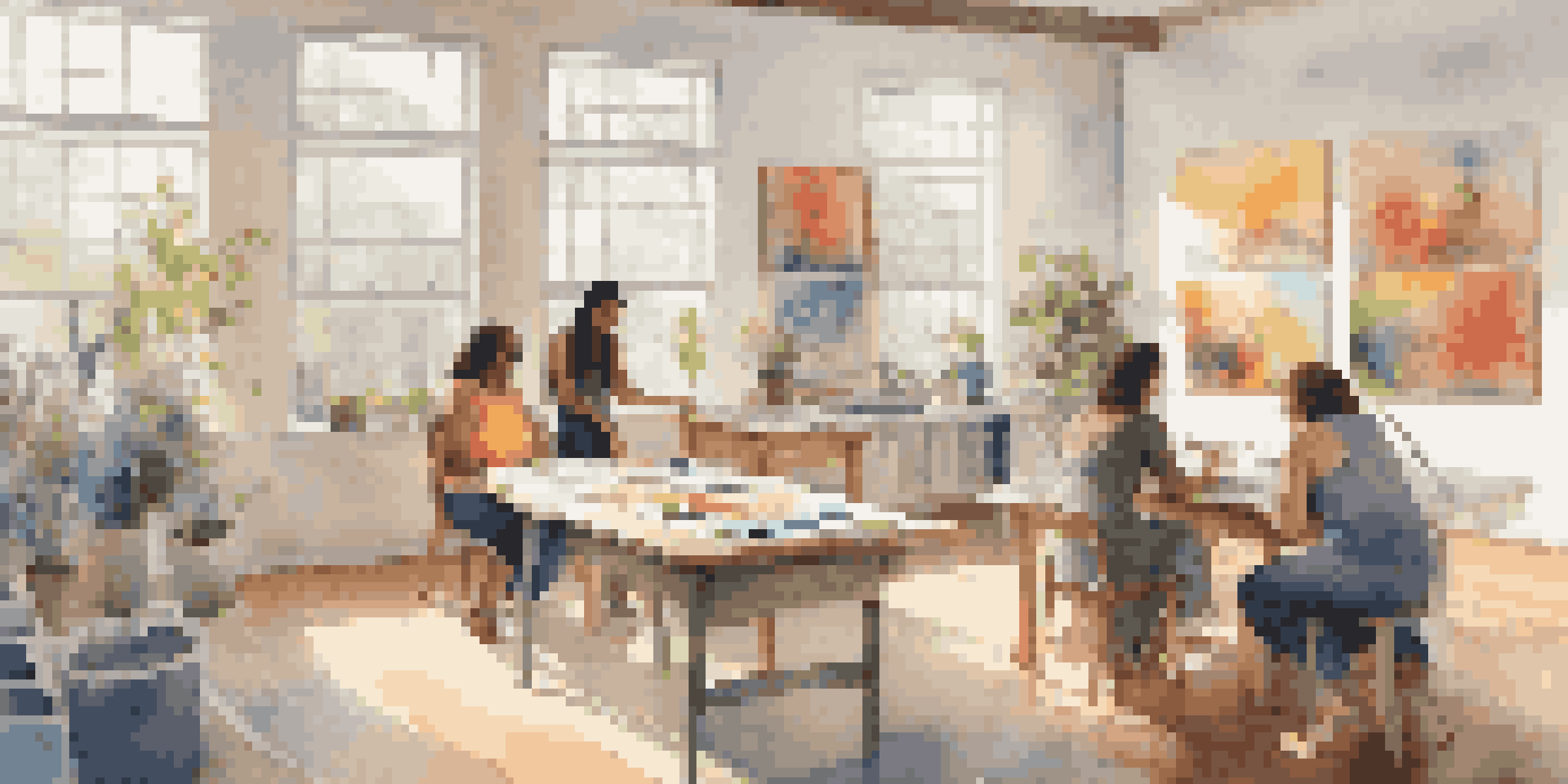 A diverse group of individuals in an art therapy studio, creating colorful artwork that represents their gender identities, with soft natural light illuminating the space.