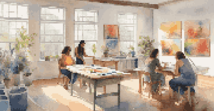A diverse group of individuals in an art therapy studio, creating colorful artwork that represents their gender identities, with soft natural light illuminating the space.