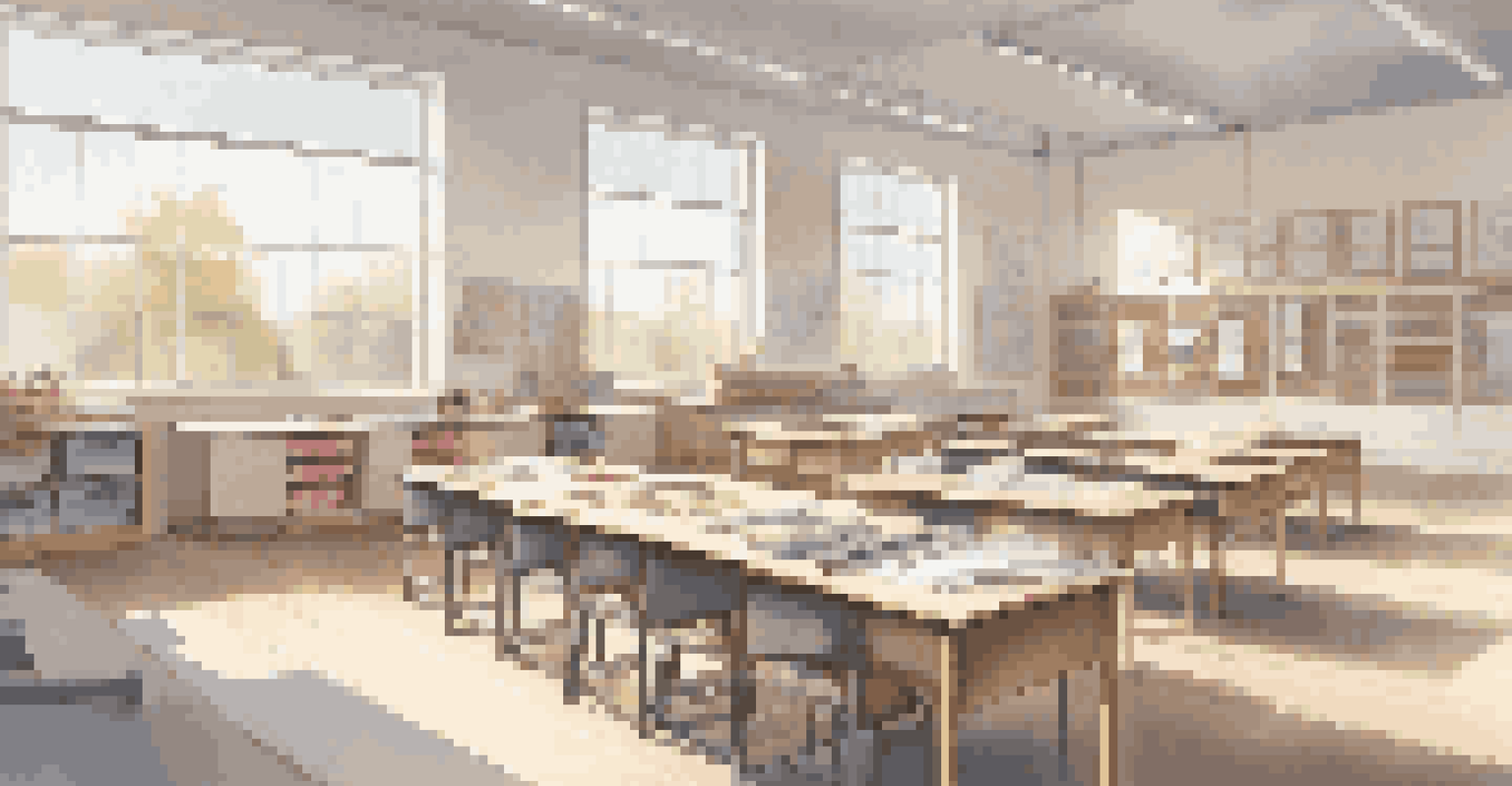 An art classroom with minimal decor, organized supplies, and plenty of natural light.