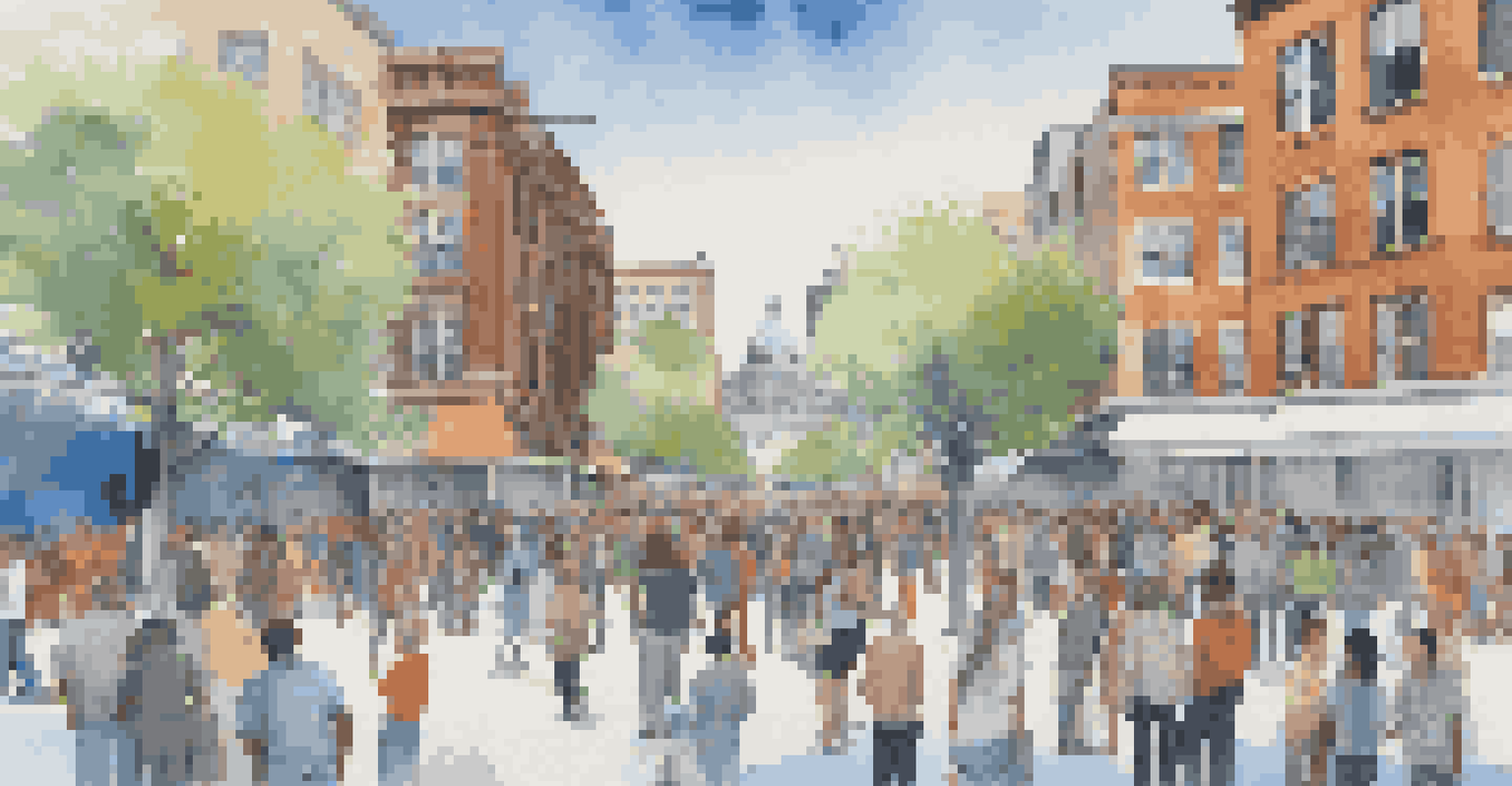 A diverse group of people interacting with a public art installation in an urban square, with city buildings and a blue sky in the background.