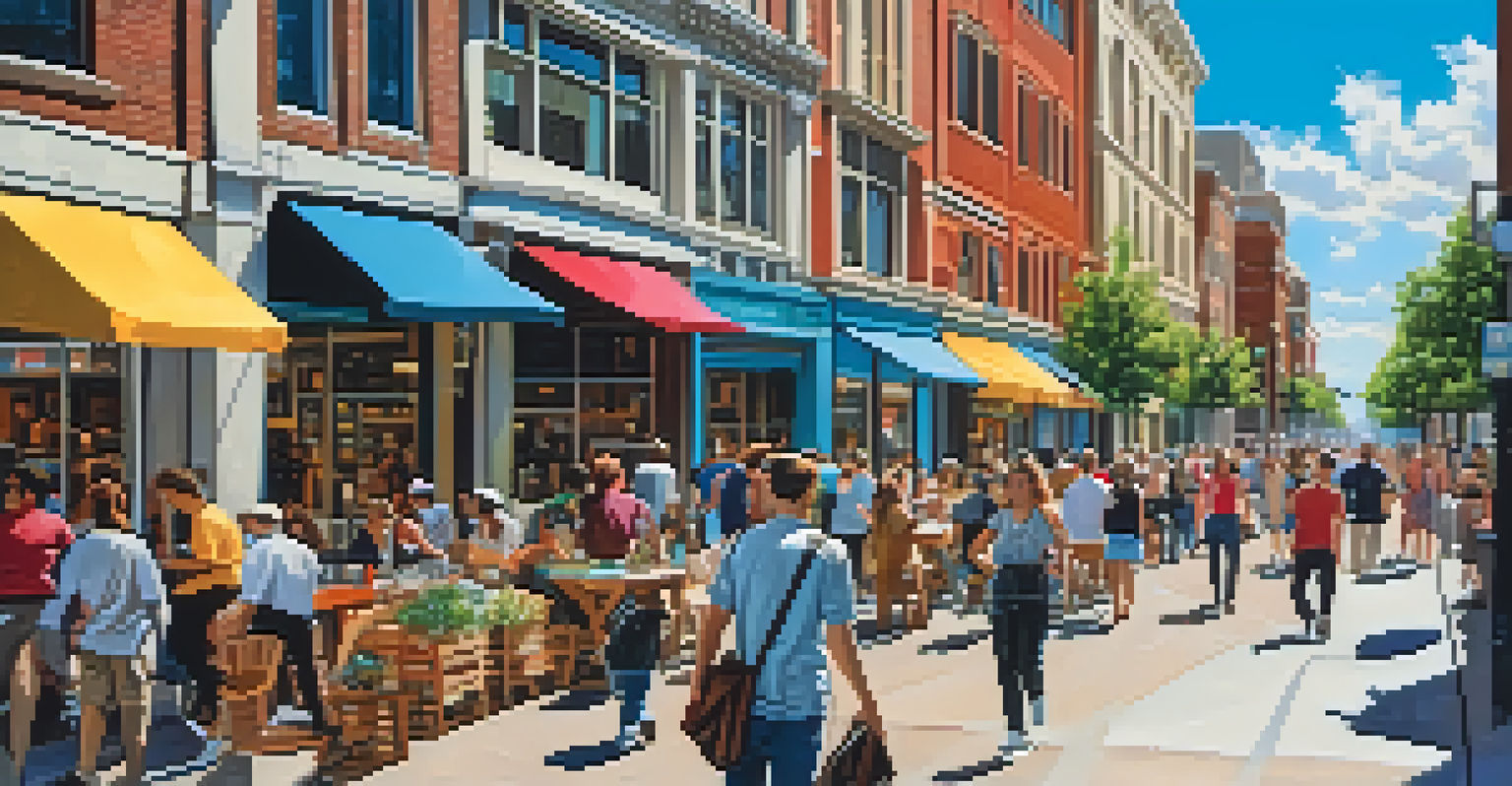 A lively city street with people, outdoor cafes, modern buildings, and colorful street art.