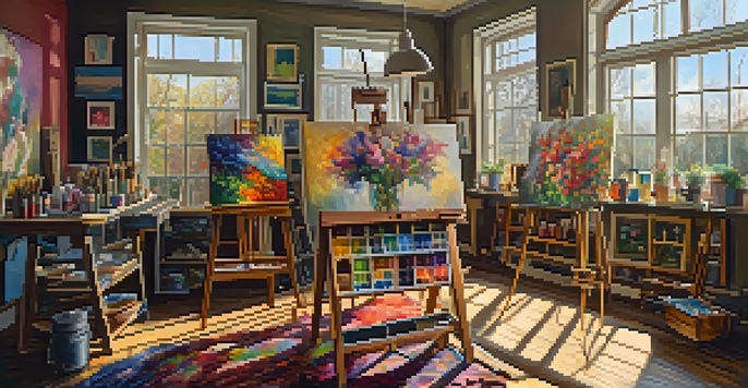 An art studio filled with colorful canvases, paint supplies, and sunlight filtering through large windows.