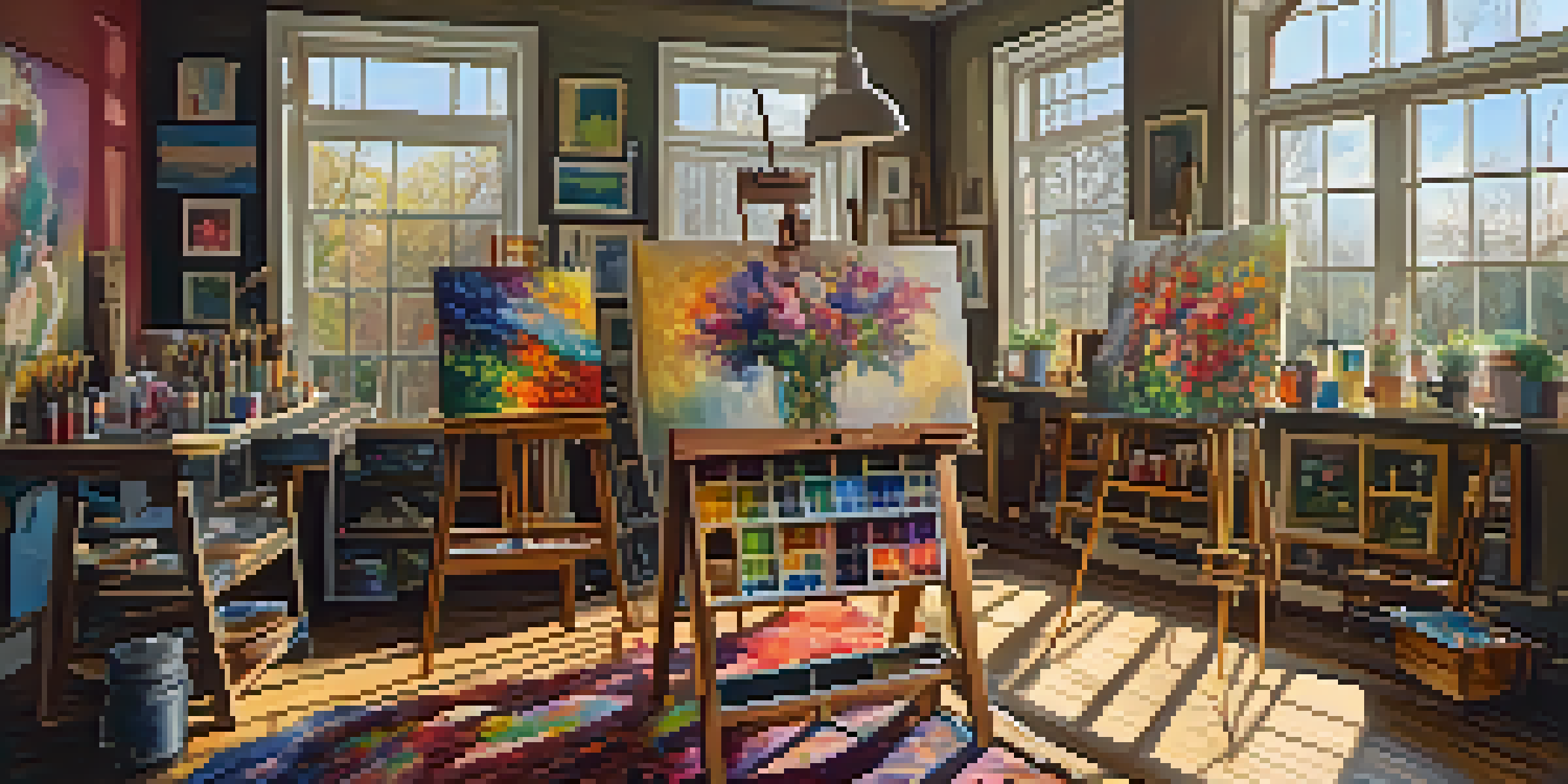 An art studio filled with colorful canvases, paint supplies, and sunlight filtering through large windows.