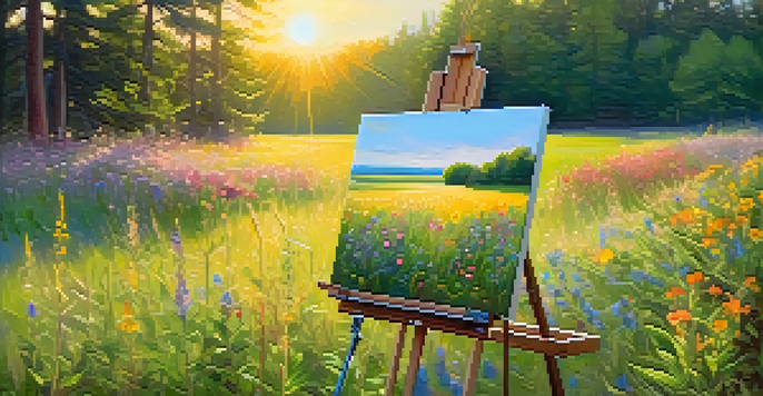 A peaceful meadow with an artist's easel and vibrant wildflowers, showcasing a colorful abstract painting under soft golden sunlight.