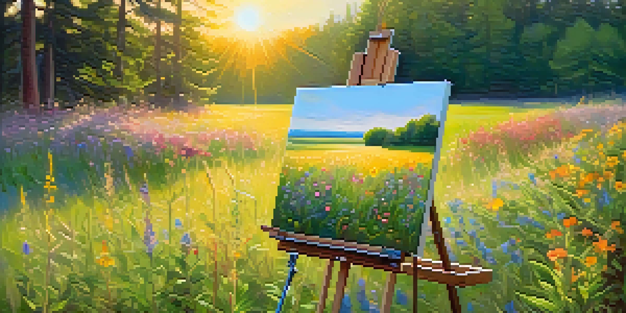 A peaceful meadow with an artist's easel and vibrant wildflowers, showcasing a colorful abstract painting under soft golden sunlight.