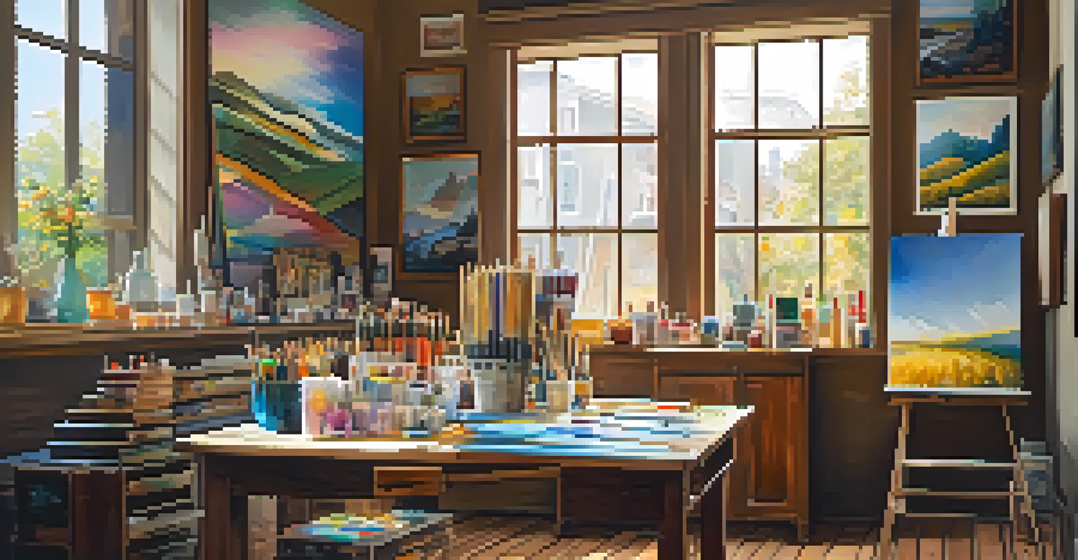 An inviting art studio with natural light, canvases, and vibrant paintings adorning the walls.
