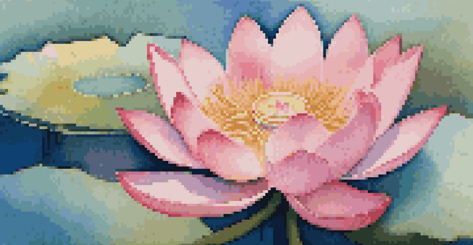 An abstract lotus flower rising from water, with vibrant pink and gold petals and a calming blue-green background.